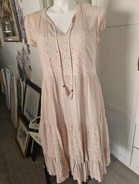 Kate & Sam Tiered Midi Dress L Large Pink Eyelet Swiss Dot Boho Tassel Cottage